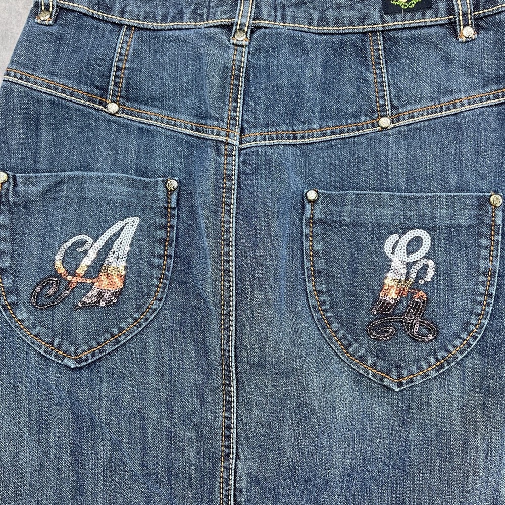 AKADEMIKS Skirt Women 30 Blue Cotton Stretch Denim Sequin‎ Pockets Boho Retro